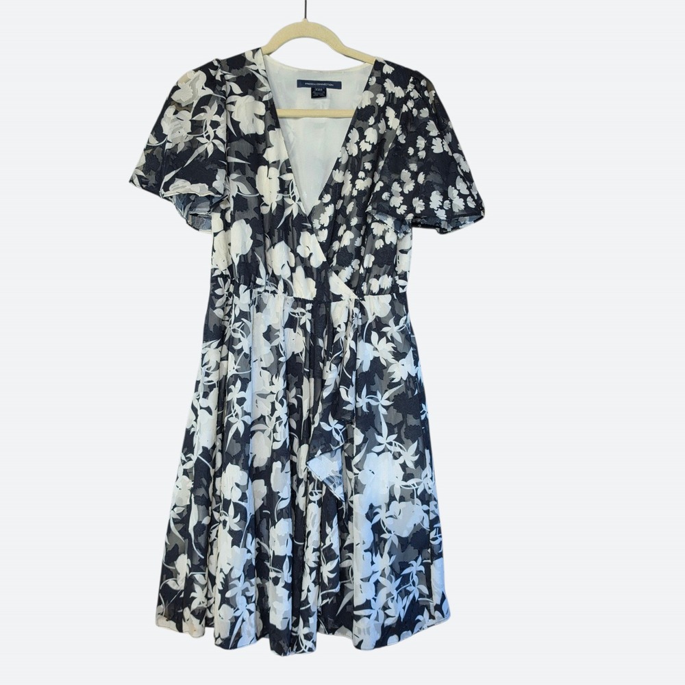 French Connection Coquette Floral Wrap Dress 4 Devore Whimsigoth Black White